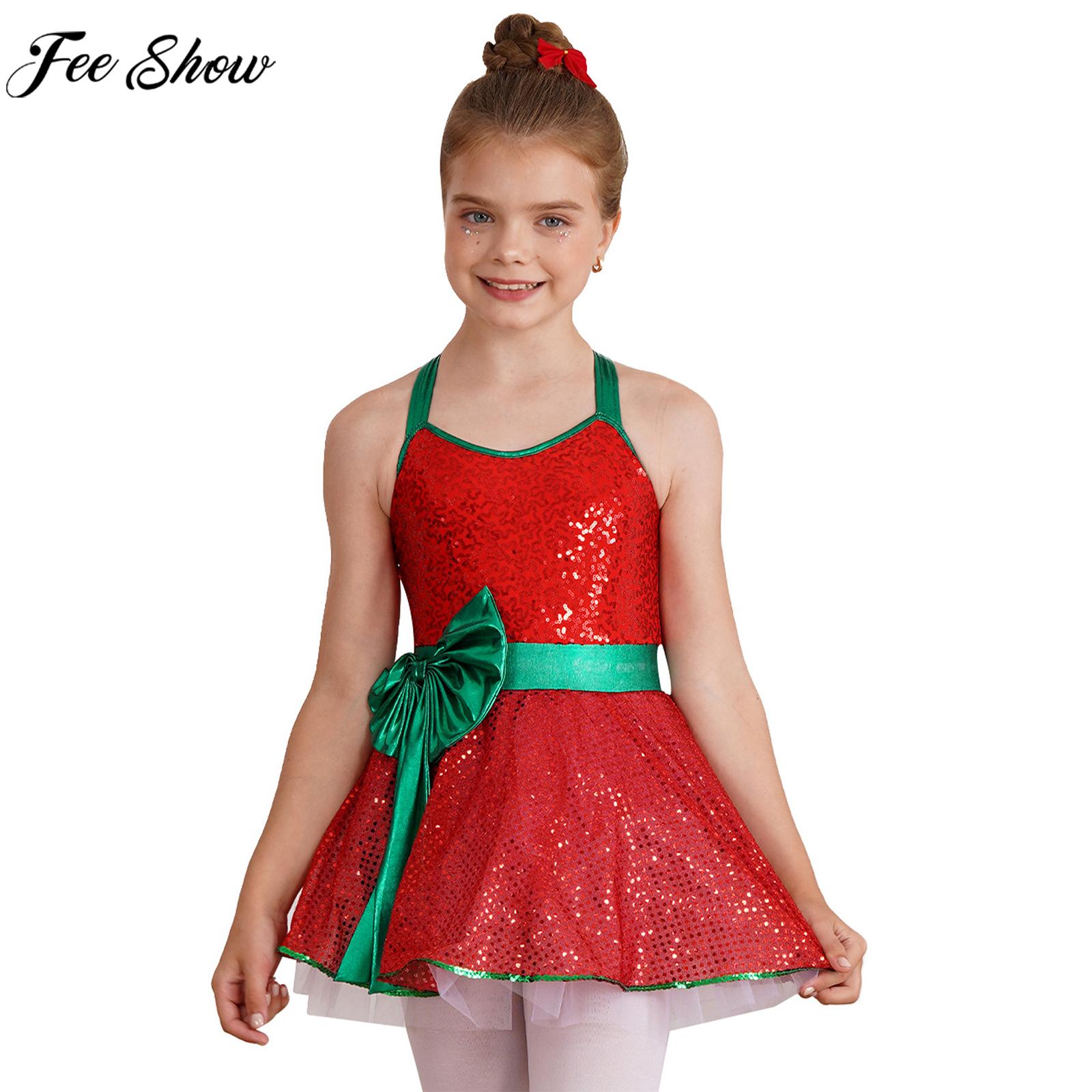 Elf Costume Christmas - Girls Christmas Dance Dress Sleeveless Shiny