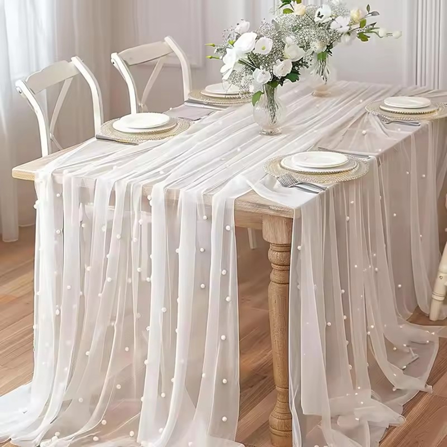 300x80cm Pearl Sheer Tulle Tab - Christmas Table Runner ulasan dan harga