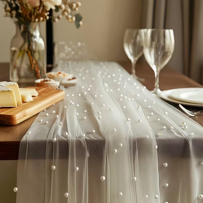 300x80cm Pearl Sheer Tulle Tab - Christmas Table Runner ulasan dan harga